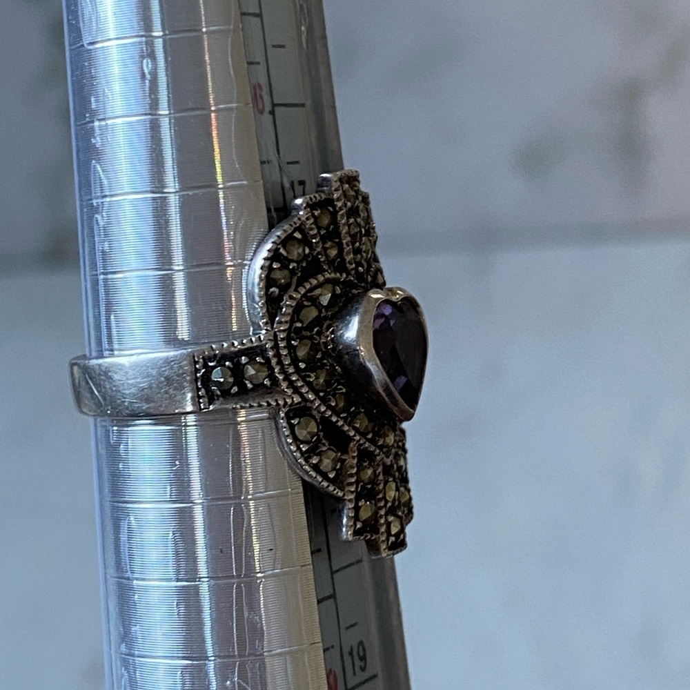 Vintage 925TR Mexico sterling silver amethyst marcasite ring - Picture 11 of 13